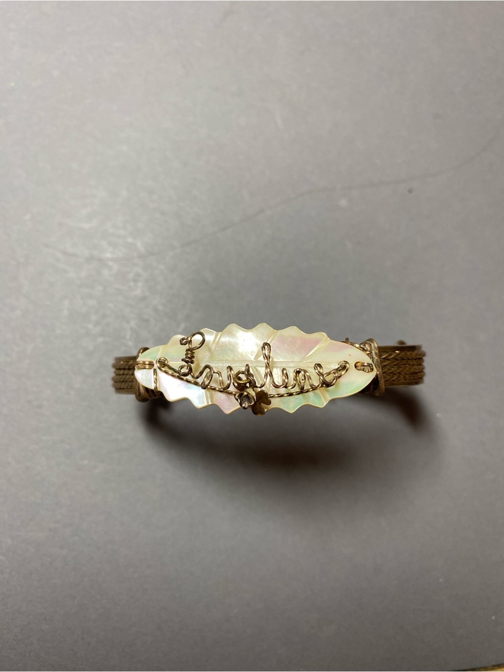 Antique vintage mother of pearl name Pauline gold filled bracelet